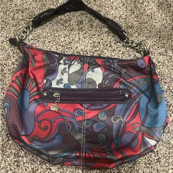 Kathy Van Zeeland Y2K Hobo Boho Red Black Purple Floral Fabric Gem Accents Bag - Picture 3 of 10